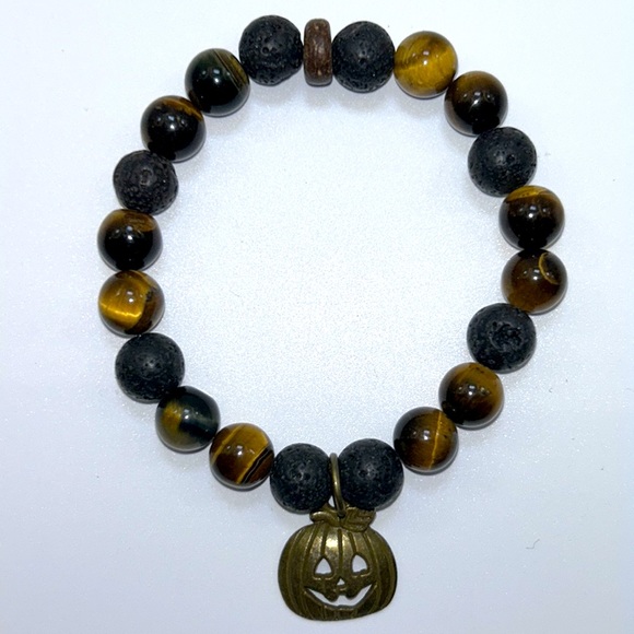 Handmade Halloween Pumpkin Charm Bracelet with Natural Tiger Eye & Lava Rock! - Picture 2 of 6